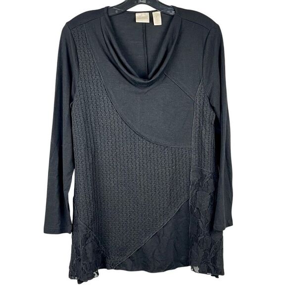 Chico’s Black Pullover Cowl Neck Lace Geometric Sweater 1P - Picture 1 of 12